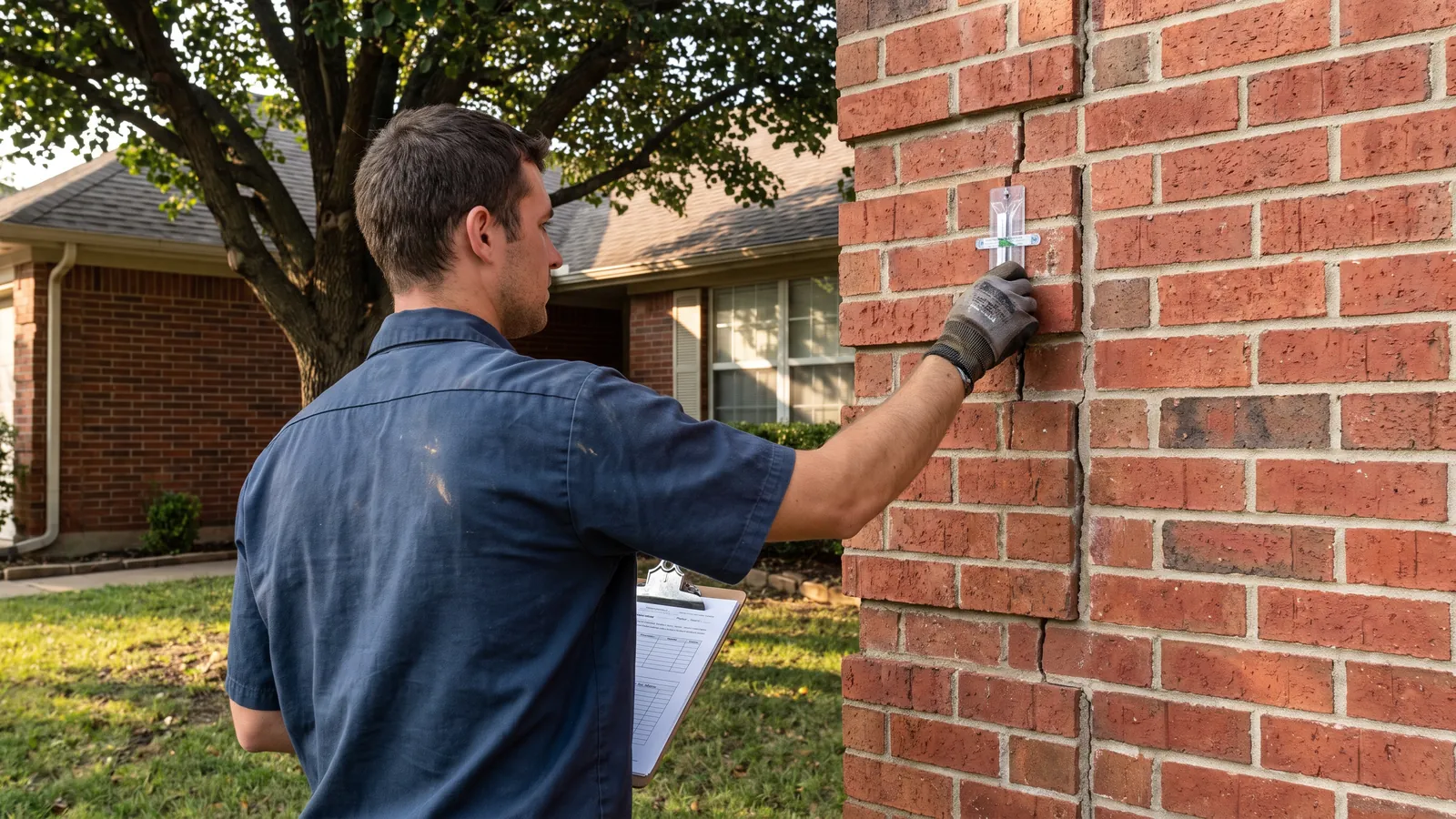Technician in a work shirt pressing a clear crack-monitoring gauge over a vertical crack in the brick exterior of a Huntsville home, clipboard under one arm, a hardwood tree shading the yard