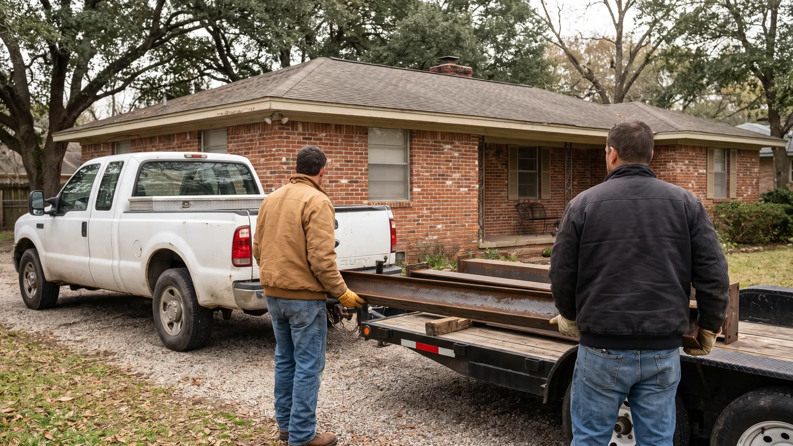 White work truck and trailer parked in the driveway of a brick home in Huntsville, Alabama, two technicians unloading steel pier sections, seen from behind