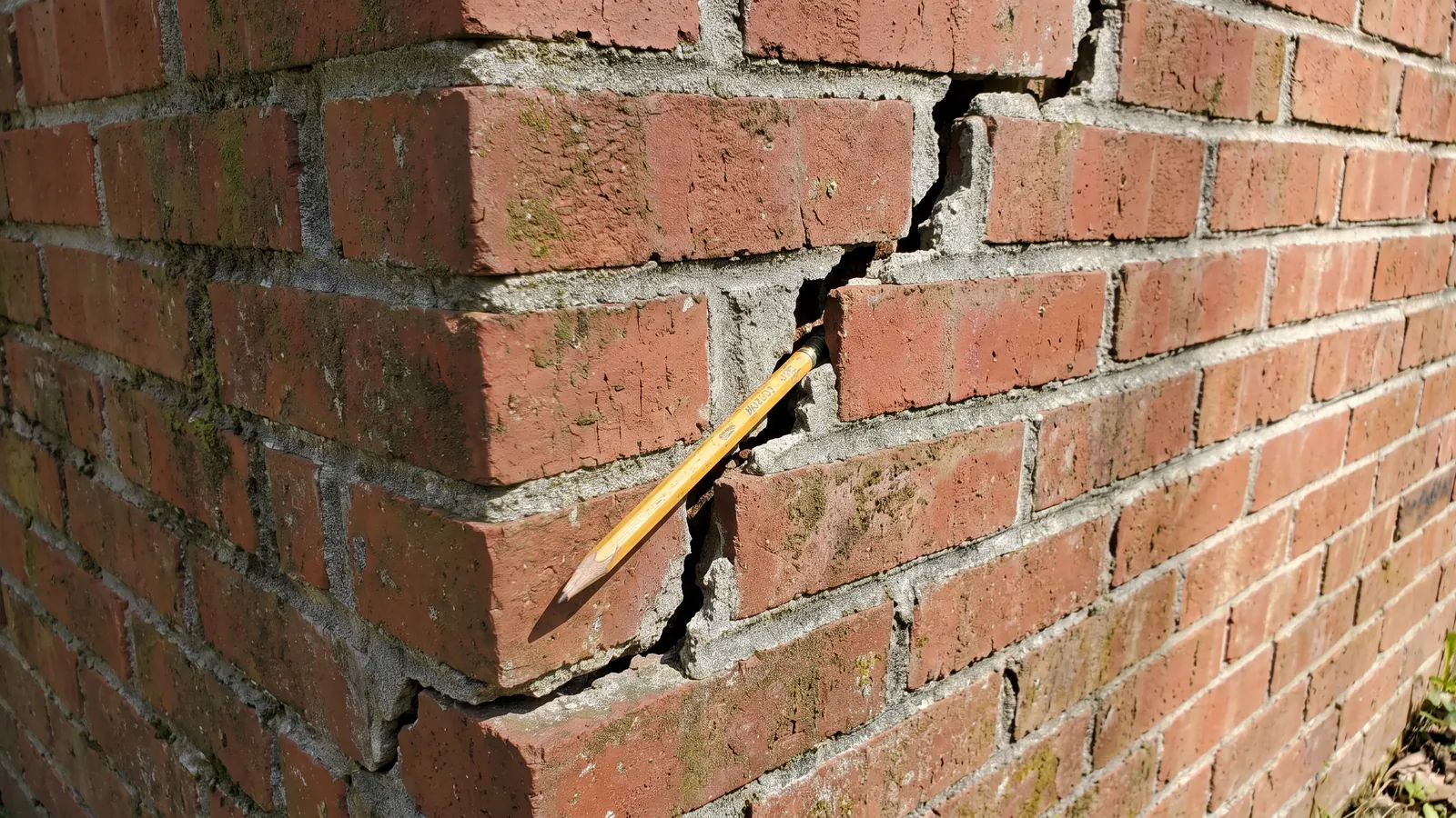 Close-up of a stair-step crack climbing through the mortar joints of a red-brick wall at the corner of a one-story Alabama home, a pencil laid in the widest joint for scale