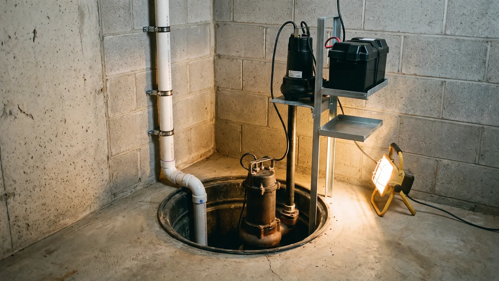 Open sump basin in the corner of a basement floor with a primary pump, a battery-backup pump on a stand beside it and a discharge line running up the block wall